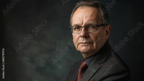 Portrait of a mature man with glasses and a serious expression, set against a dark background, exuding confidence and wisdom.