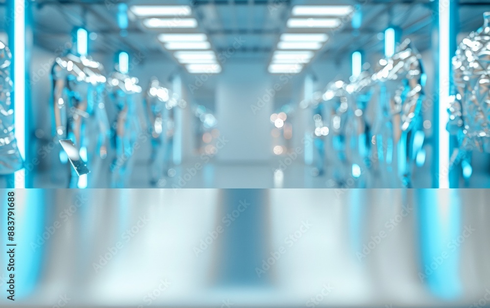Futuristic High-Tech Room with Sleek Blue Metal Table and Silver Bodysuits, Bright Diffused Lighting and Holographic Elements Futuristic High-Tech Room with Sleek Blue Metal Table and Silver Bodysuits, Bright Diffused Lighting and Holographic Elements