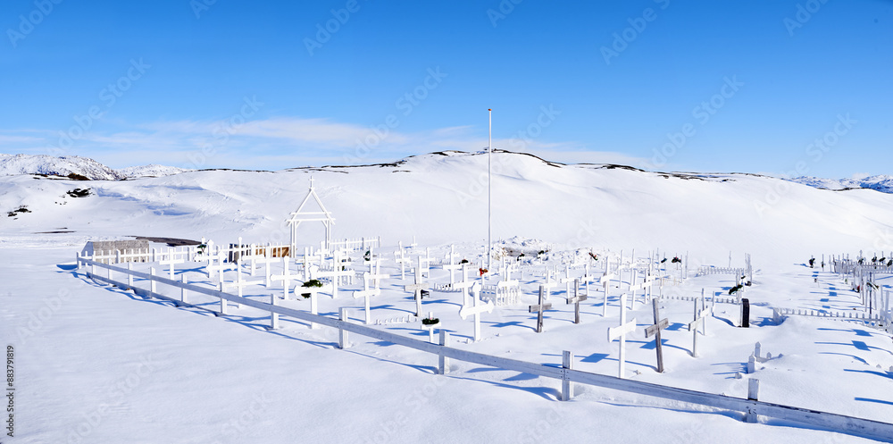 Snow landscape, cross and graveyard for memorial, remember and funeral service for loss. Empty, Christian sign and public cemetery in ice environment for death ceremony, memory and mourning in Canada Snow landscape, cross and graveyard for memorial, remember and funeral service for loss. Empty, Christian sign and public cemetery in ice environment for death ceremony, memory and mourning in Canada
