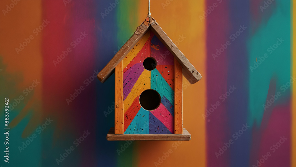 Colourful painted wooden bird house in home Colourful painted wooden bird house in home