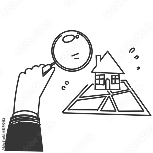 hand drawn doodle house and map  search with magnifying glass symbol for searching house position