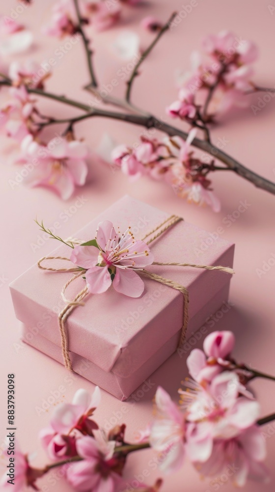 Gift box tied with twine and adorned with cherry blossom flowers on a pink background. Gift box tied with twine and adorned with cherry blossom flowers on a pink background.