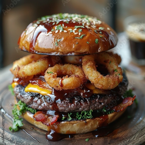 a delicious Cheddar bacon burger with BBQ sauce and crispy onion rings on a kaiser roll