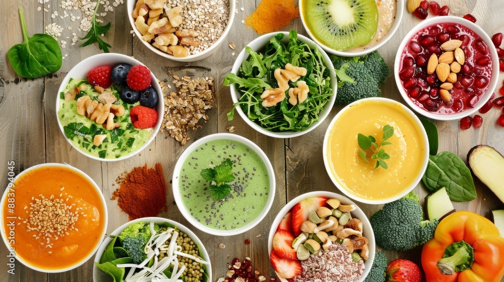 A series of images showcasing various healthy food options, such as smoothies, grain bowls, and lean proteins, presented in an attractive and appetizing for use in healthcare and business settings A series of images showcasing various healthy food options, such as smoothies, grain bowls, and lean proteins, presented in an attractive and appetizing for use in healthcare and business settings