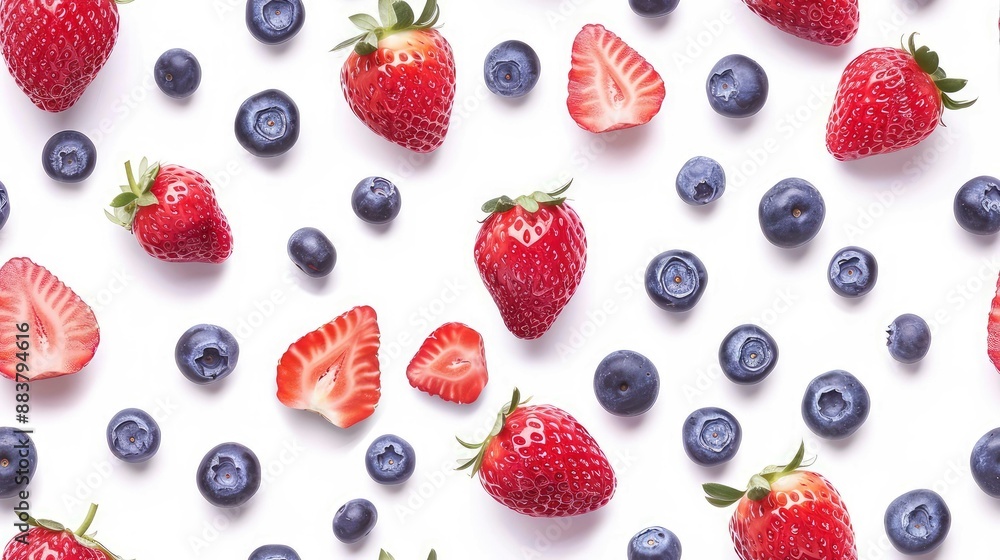 A flat lay of strawberries and blueberries arranged in a pattern on a white background. A flat lay of strawberries and blueberries arranged in a pattern on a white background.