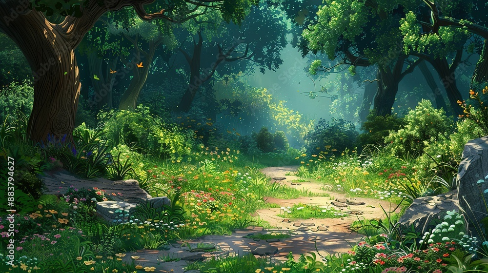 Fototapeta premium Colorful winding stone path through a lush green vibrant forest