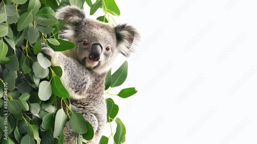 Obraz premium A cute koala clings to eucalyptus leaves in a tree, looking curious and content on a white background. Perfect for nature and wildlife themes.