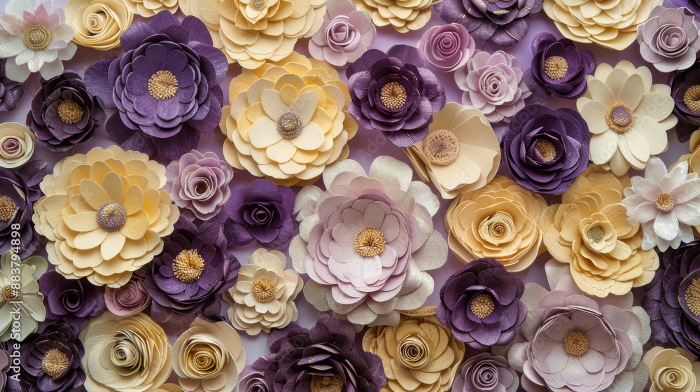 wall of purple, cream and yellow paper flowers. 3d paper quilling style with texture wall of purple, cream and yellow paper flowers. 3d paper quilling style with texture