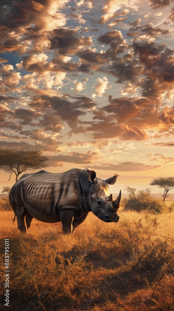 Fototapeta premium A majestic rhinoceros stands under a dramatic sunset sky in an African savannah, surrounded by golden grasses and acacia trees.