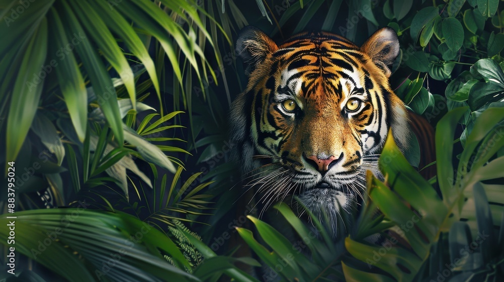 A majestic tiger hidden in dense jungle foliage, staring intently through the lush green leaves, showcasing the beauty of wildlife and nature. A majestic tiger hidden in dense jungle foliage, staring intently through the lush green leaves, showcasing the beauty of wildlife and nature.