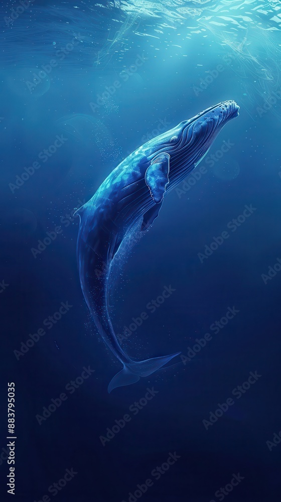 Fototapeta premium A majestic whale gracefully swimming in the deep blue ocean, illuminated by sunlight filtering through the water's surface.