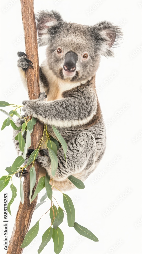 Obraz premium Adorable koala clinging to a branch with eucalyptus leaves, isolated on a white background. Perfect nature and wildlife photo.