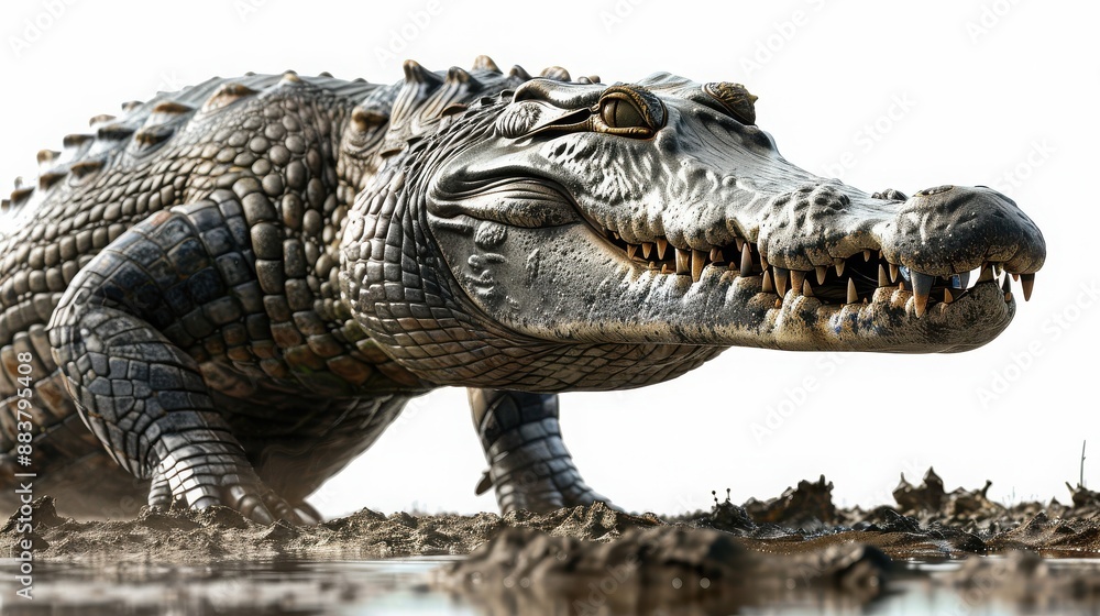 Close-up image of a massive crocodile emerging from the water with an intense stare in its natural habitat. Close-up image of a massive crocodile emerging from the water with an intense stare in its natural habitat.