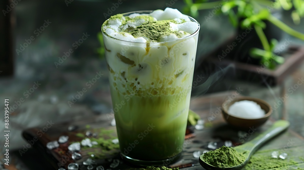 Cold green tea with matcha mixed with milk and snow in a latte glass Cold green tea with matcha mixed with milk and snow in a latte glass