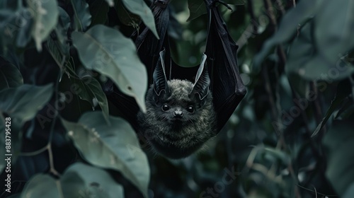Close-up of a bat hanging upside down among dense foliage. The nocturnal creature blends ly with the dark, leafy backdrop.