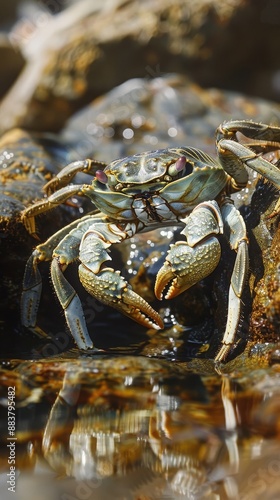 Close-up of a crab on wet rocks, showcasing its details, with reflections in the water. Perfect for nature and wildlife themes. photo