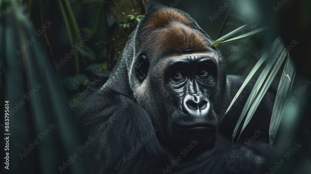 Obraz premium Close-up of a majestic gorilla in its natural rainforest habitat, surrounded by lush green foliage and deep shadows.