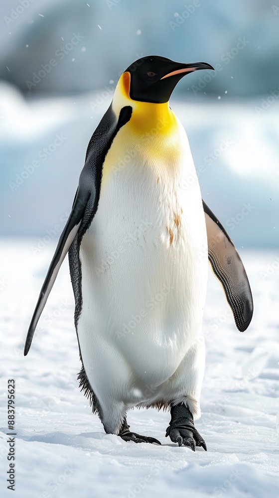 Obraz premium Close-up of a majestic emperor penguin standing on snow in Antarctica, showcasing the beauty of wildlife in its natural habitat.