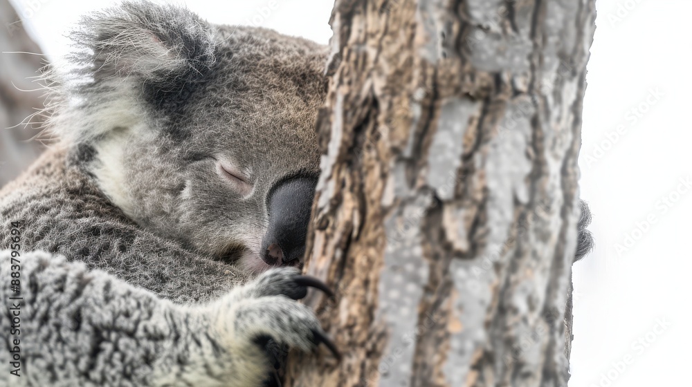 Fototapeta premium Close-up of a sleeping koala clinging to a tree, showing its gray fur and peaceful nature in a natural habitat.