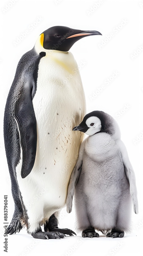 Obraz premium Emperor penguin and chick standing together against a white background, showcasing bond and wildlife nature.