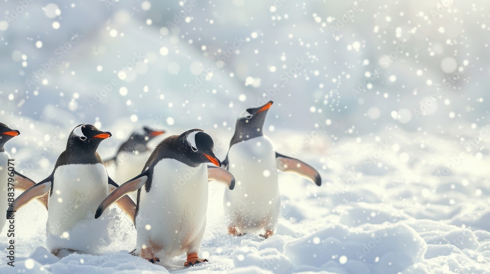 Obraz premium Gentoo penguins walking in snowfall, showcasing natural beauty and wildlife in their snowy habitat during winter.