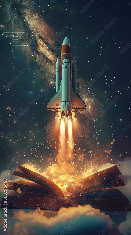 Obraz premium Abstract Wallpaper of a Rocket Launching from a Glowing Book Screen, Symbolizing Creative Innovation, Technological Progress, and High-Tech Science Concepts for World Book Day, AI-Generated 4K High-De