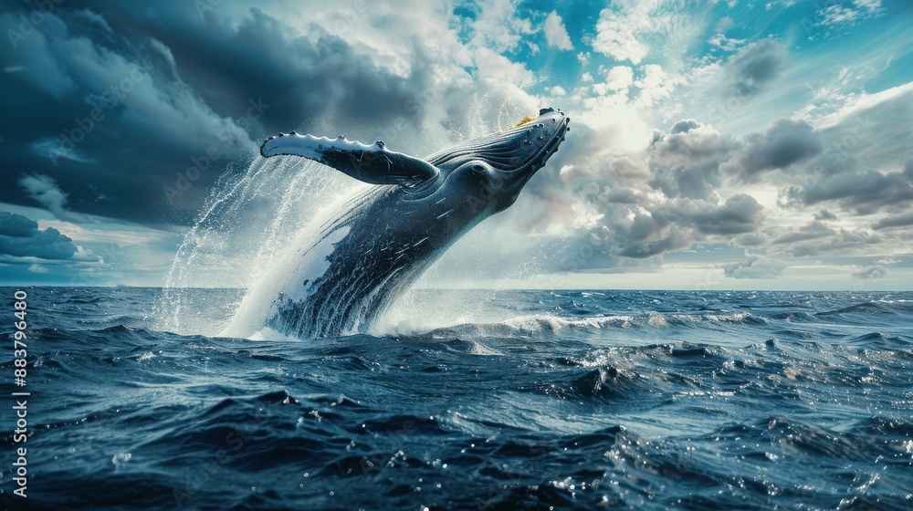 Fototapeta premium Stunning shot of a whale breaching ocean waters under dramatic skies, showcasing the beauty and power of marine life.