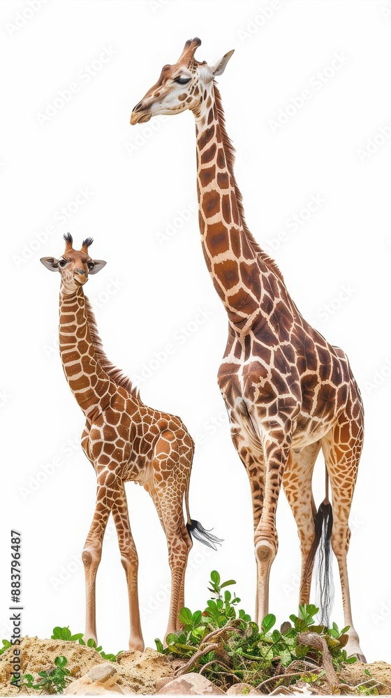 Obraz premium Tall adult and baby giraffe standing gracefully on sandy terrain with small green plants and a white background in wildlife setting.