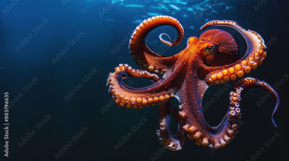Obraz premium Vibrant image of a deep-sea octopus gracefully swimming in the ocean, showcasing its tentacles and natural beauty against a blue background.