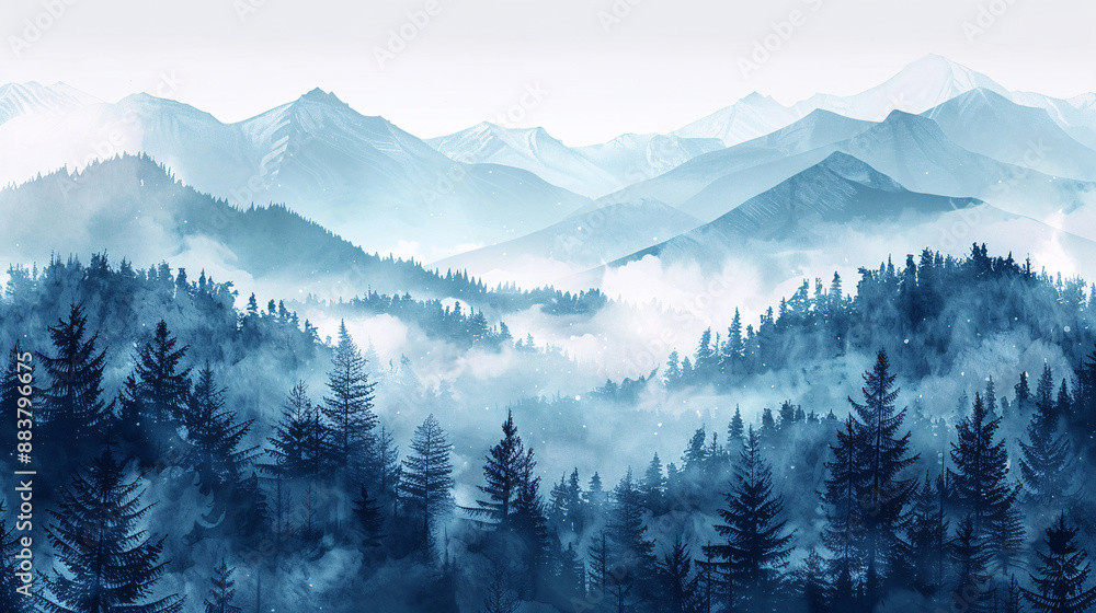 Obraz premium Abstract misty forest landscape with foggy mountains. Watercolor vector illustration