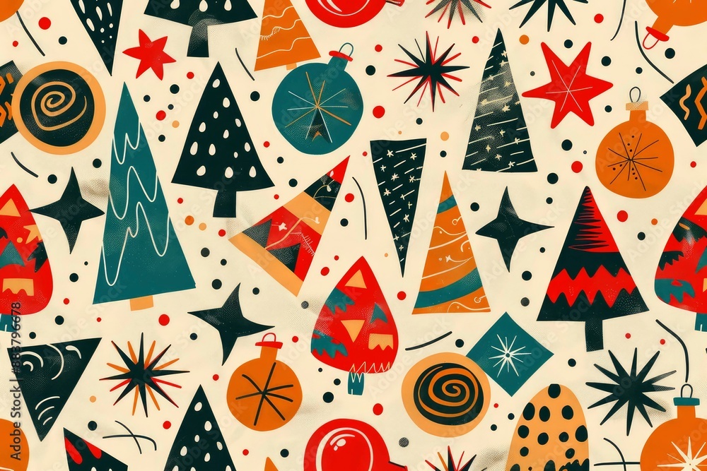 Abstract Christmas pattern with a retro vibe, featuring various geometric shapes, holiday ornaments, and stars on a cream background. Abstract Christmas pattern with a retro vibe, featuring various geometric shapes, holiday ornaments, and stars on a cream background.