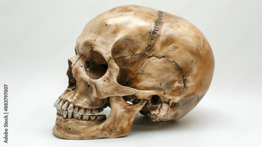 Aged human skull, showing detailed bone texture and structural features, symbolizing history and mortality against a plain white background. Aged human skull, showing detailed bone texture and structural features, symbolizing history and mortality against a plain white background.