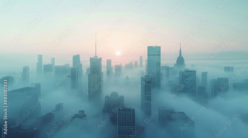 A breathtaking aerial view of a modern city skyline at sunrise, enveloped in a thick layer of mist and fog, creating a dreamy and serene atmosphere. A breathtaking aerial view of a modern city skyline at sunrise, enveloped in a thick layer of mist and fog, creating a dreamy and serene atmosphere.