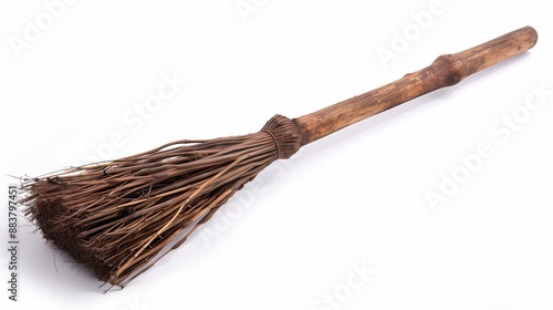 Handmade wooden broom, rustic cleaning tool, natural fibers, traditional household item, vintage design, eco-friendly sweeping.