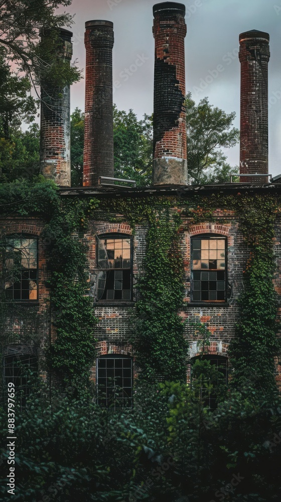 Fototapeta premium Abandoned industrial building with ivy-covered walls and tall chimneys, surrounded by lush greenery during twilight.