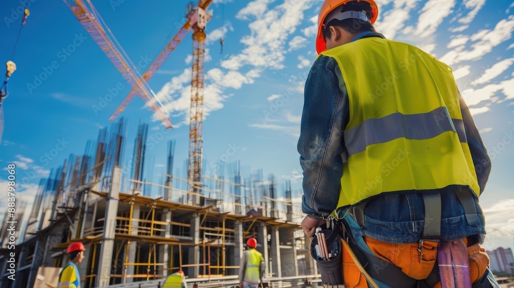Construction worker overseeing building project with cranes and scaffolding under a clear blue sky, wearing safety gear. Construction worker overseeing building project with cranes and scaffolding under a clear blue sky, wearing safety gear.