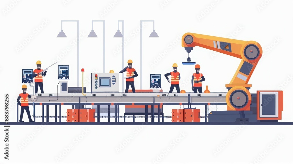 Fototapeta premium Engineers working with industrial robots on an automated production line in a modern factory setting.