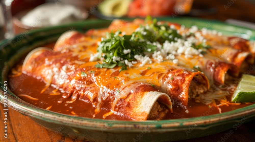 A vibrant platter of enchiladas, smothered in rich red sauce and melted cheese. A vibrant platter of enchiladas, smothered in rich red sauce and melted cheese.