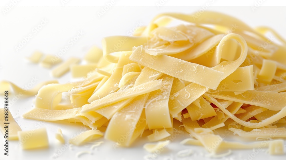 Hearty Egg Noodles, rich golden hue, thin flat pasta strands arranged in a pile on a clean white surface Hearty Egg Noodles, rich golden hue, thin flat pasta strands arranged in a pile on a clean white surface