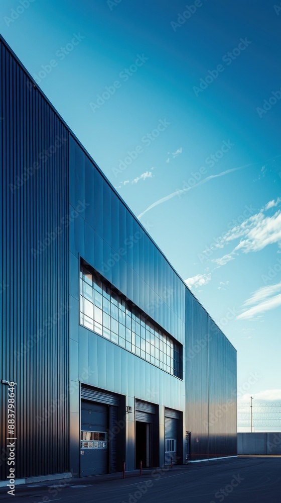 Modern industrial building exterior with large windows and blue sky background. Architecture and industrial structures concept. Modern industrial building exterior with large windows and blue sky background. Architecture and industrial structures concept.