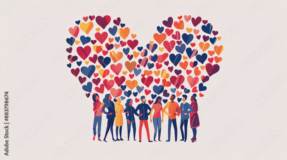 Heart-shaped image of diverse people standing around colorful hearts, vector illustration Heart-shaped image of diverse people standing around colorful hearts, vector illustration