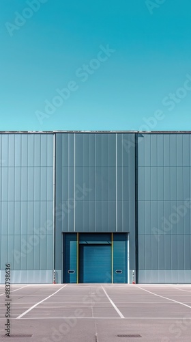 Wallpaper Mural Modern industrial warehouse with blue metal facade and clear blue sky, showcasing contemporary architecture and clean lines. Torontodigital.ca