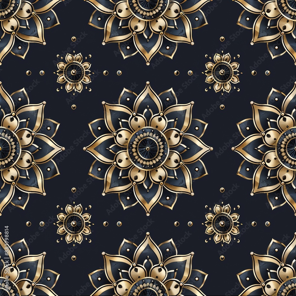 Seamless pattern with ornate gold and black floral designs on a dark background. Seamless pattern with ornate gold and black floral designs on a dark background.
