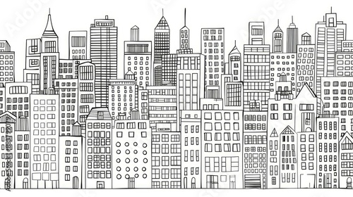 Hand-drawn cityscape with multiple buildings, perfect for coloring pages, illustrations, and graphic design.