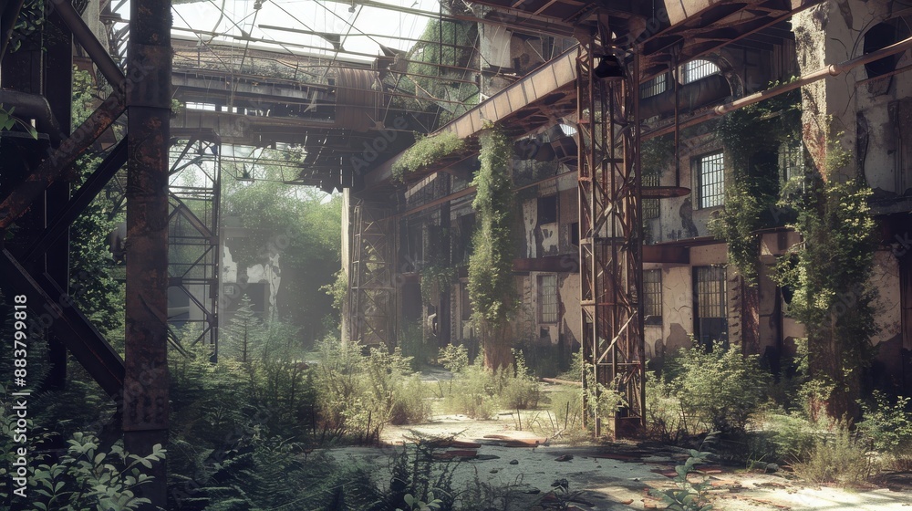 Abandoned industrial factory overtaken by nature, with rusty structures and greenery, illustrating decay and the power of nature. Abandoned industrial factory overtaken by nature, with rusty structures and greenery, illustrating decay and the power of nature.