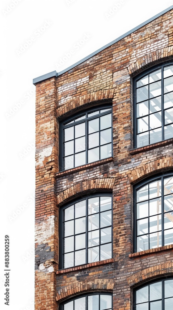 Obraz premium Close-up of an old brick building facade with large industrial-style windows, showcasing historic architecture and urban charm.