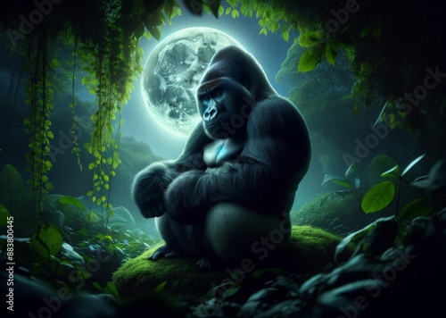 Image of a gorilla deep in the forest on a full moon night. Gorillas are considered to be the closest apes to humans after chimpanzees and bonobos. It has DNA that is 95–99% similar to humans.