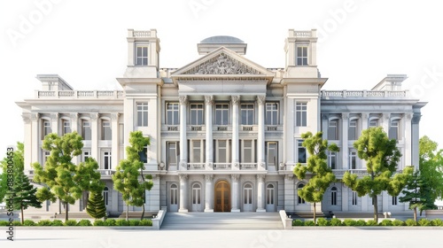 Wallpaper Mural Elegant neoclassical building facade with columns and intricate architectural details, framed by lush green trees on a bright, clear day. Torontodigital.ca