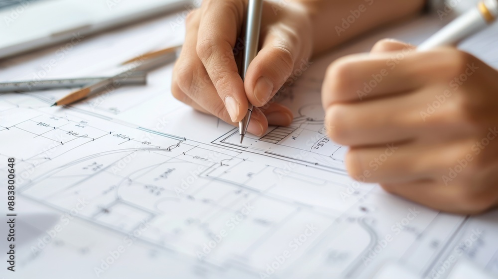 Hands working on architectural blueprint with pencil, compass, and ruler, showcasing detailed design and precision in architecture. Hands working on architectural blueprint with pencil, compass, and ruler, showcasing detailed design and precision in architecture.