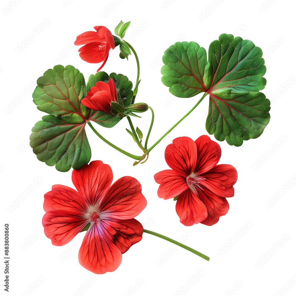 Beautiful red geranium flowers with green leaves, isolated on a transparent background. Perfect for floral design needs. Beautiful red geranium flowers with green leaves, isolated on a transparent background. Perfect for floral design needs.